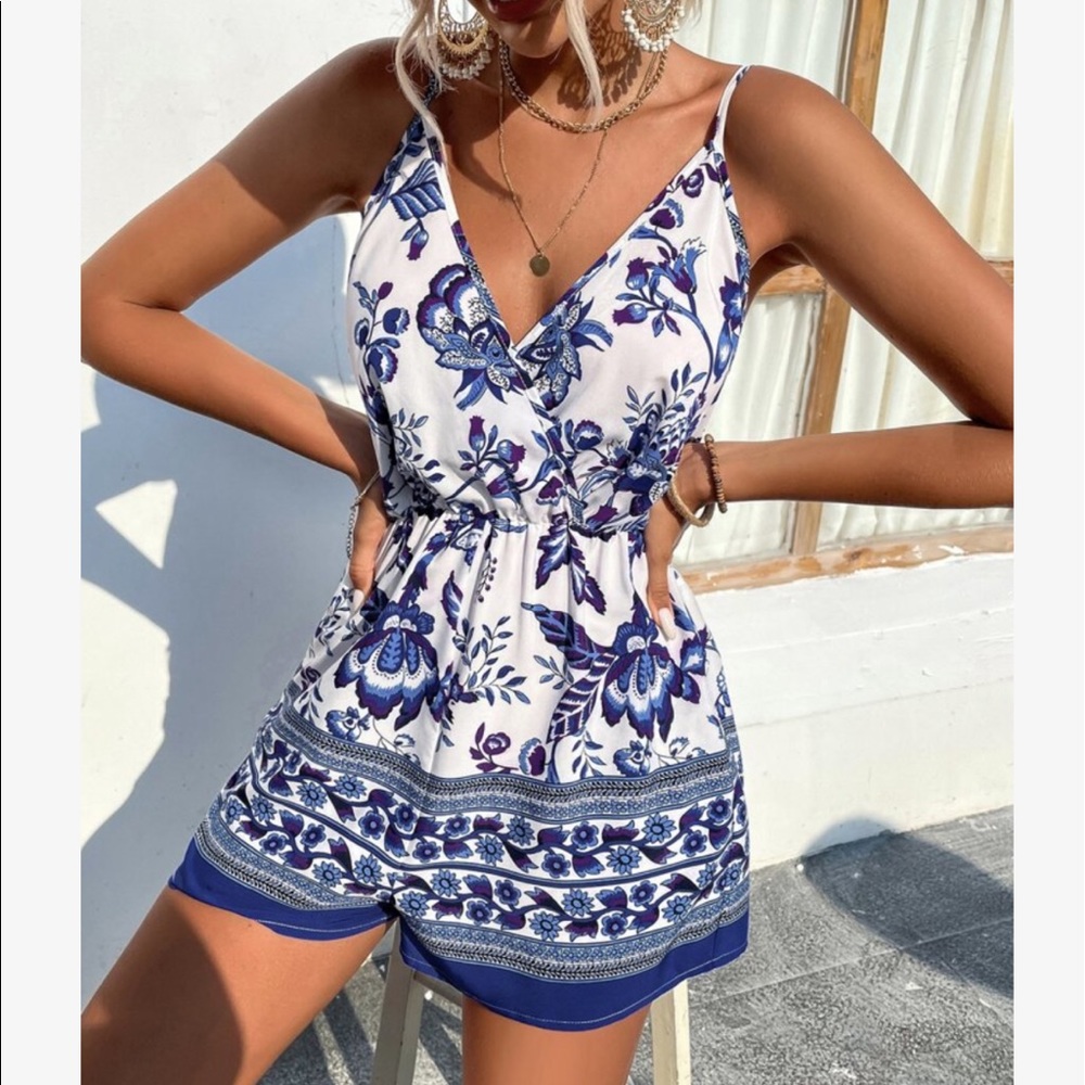 Boho Floral Paisley Print Surplice Neck Cami Romper - Picture 8 of 12